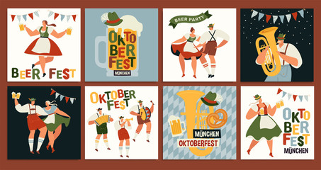 Group Of People Drink Beer Oktoberfest Party Celebration Man And Woman Wearing Traditional Clothes couples dance, musicians play. Fest Concept Flat Vector Illustration.