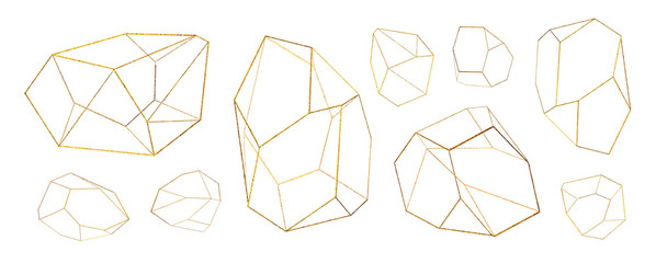 Gold collection of geometrical polyhedron, art deco style for wedding invitation, luxury templates, decorative patterns,... Modern abstract elements, vector illustration, isolated on backgrounds.