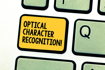 Writing note showing Optical Character Recognition. Business photo showcasing the identification of printed characters Keyboard key Intention to create computer message pressing keypad idea