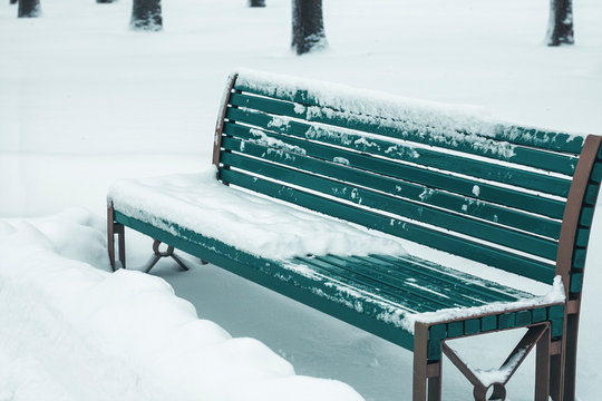 Winter season, a bench in the park of Ukraine is covered with snow