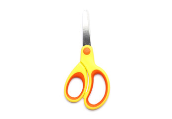 Yellow scissors isolated on a white background. School supplies.