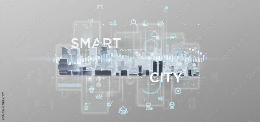 Poster smart city user interface with icon, stats and data 3d rendering