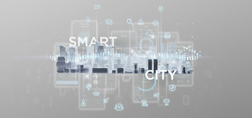 Smart city user interface with icon, stats and data 3d rendering
