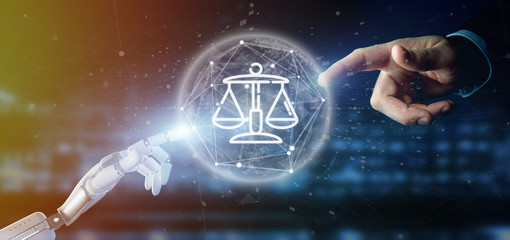 Cyborg hand holding Cloud of justice and law icon bubble with data 3d rendering