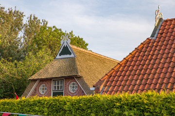 Fototapeta premium Reetdach mit Giebelschmuck / Pferdeköpfe in Friesland