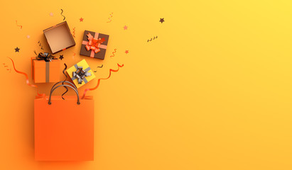  Happy Halloween 0r autumn sale with shopping bag, gift box, confetti on orange background, 3D rendering illustration.