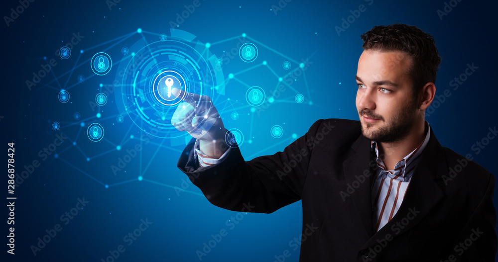 Aufkleber Man touching hologram screen displaying keys and locks