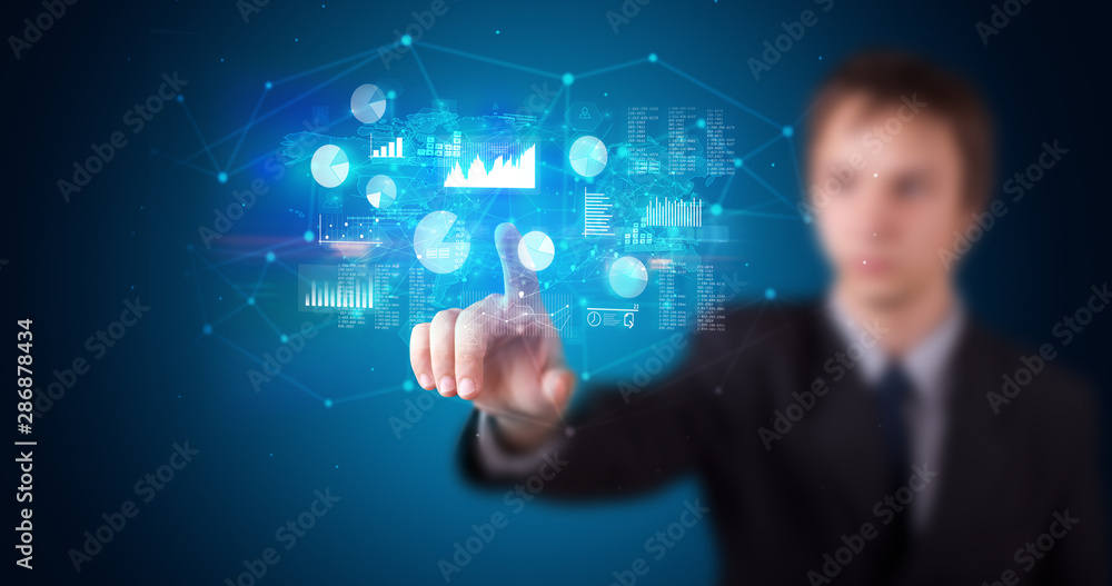 Poster Man accessing modern hologram personal database with fingerprint identification