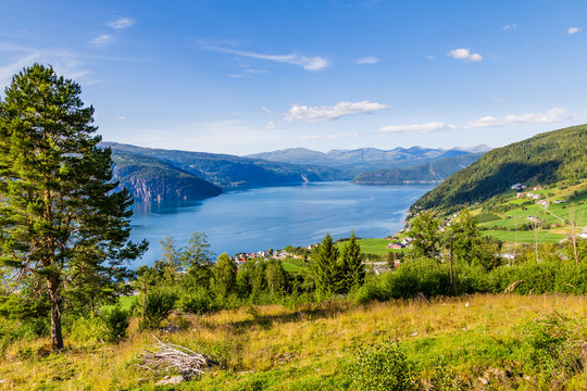 Landscape with scenic view on small village Utvik and Nordfjord in Norway, Nordfjord offers one of the finest Norwegian scenery.