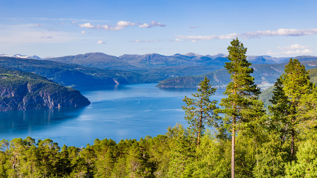 Landscape with scenic view on Nordfjord near Utvik in Norway, Nordfjord offers one of the finest Norwegian scenery.