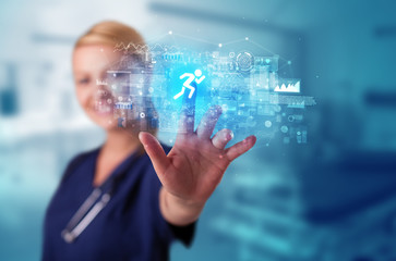 Doctor touching hologram screen displaying healthcare running symbols