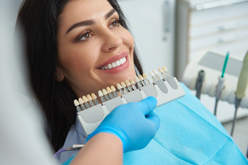 Fototapeta Teeth model locating near smiling woman face obraz