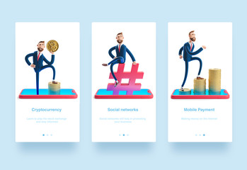 3d Illustration set. Businessman Billy sitting on a hashtag icon. The concept of social media. Businessman Billy with bitcoin. Mobile banking concept. Online Bank. Cryptocurrency. 