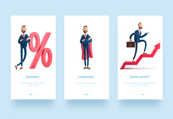 3d Illustration set. Businessman Billy goes to success. Concept of financial growth.  Businessman Billy and big percent icon. Concept business interest rate. Billy clothed like a superhero.