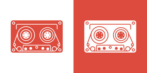 Set of two simple flooded with color audio cassette icons. In red and white variation.