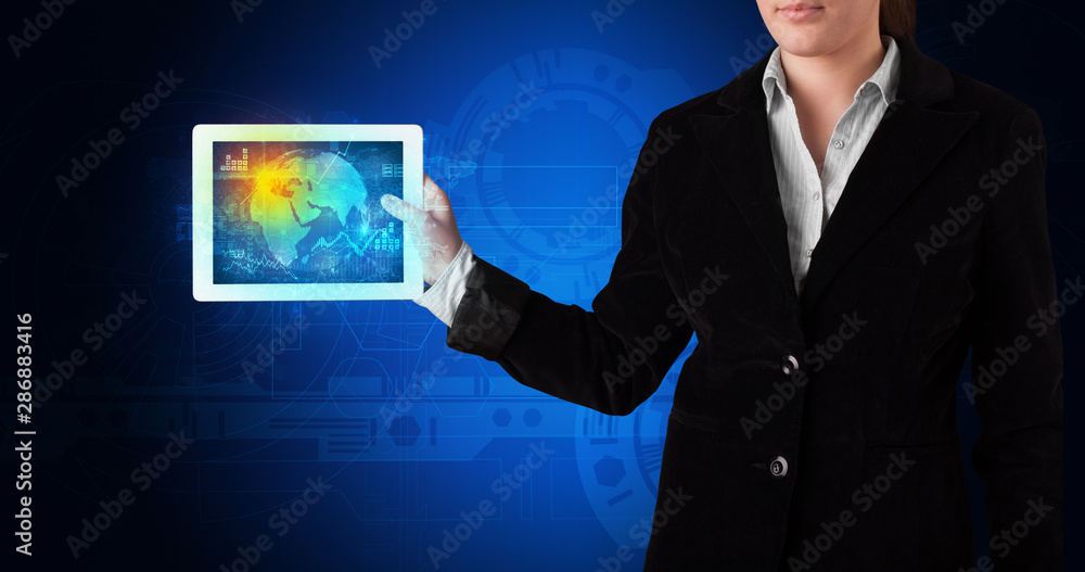 Poster hand holding tablet with global database concept