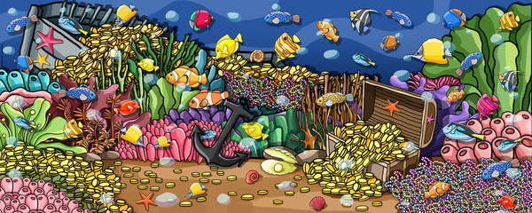 Naklejki  Zwierzęta podwodny skarb Farba ścienna oraz różne zwierzęta i podwodne rośliny W oceanie morskim