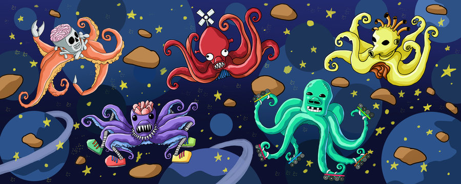 squid in space and universe paint and Outside the world atmosphere alien animals and many planet  