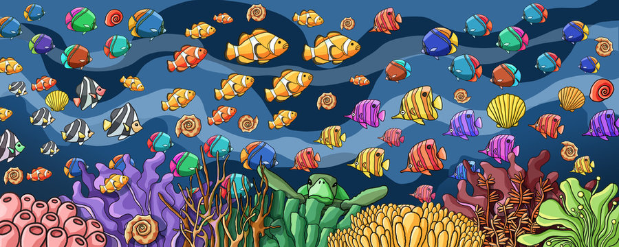 Underwater world colorful fishes and Underwater atmosphere Paint and various animals and plants under water