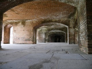 Medium close up of brick arches inside Fort Jefferson at the Dry Tortugas National Park in Florida.