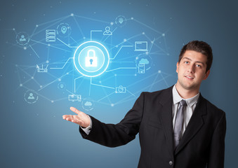 Young smiling person presenting office cloud technology concept
