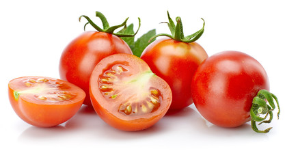 Tomato in cut with leaf for packaging and label. Still life harvest vegetable. Healthy food organic foodstuff. Isolated on white background.
