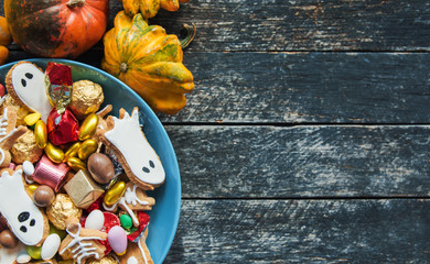 Halloween Jack o Lantern candy bowl with candy and halloween cookies Trick or Treat 