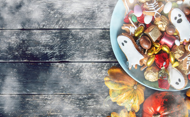 Halloween Jack o Lantern candy bowl with candy and halloween cookies Trick or Treat 
