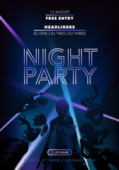 Night party vector flyer, poster with dancing people. Disco announcement