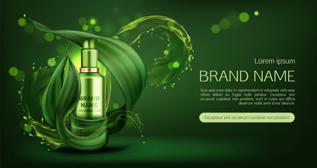 Cosmetics tube mock up ad banner, organic beauty product, natural skin care cream or gel bottle mockup on green background with water splashes and leaves, eco skincare cosmetic. Realistic 3d vector