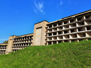 Fototapeta premium Textured surface of embossed brick wall, green lawn and blue sky
