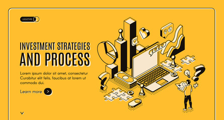 Investment strategies and process isometric web banner. Businessman stand at huge laptop with business icons and charts, financial instruments for money wealth growth 3d vector landing page, line art