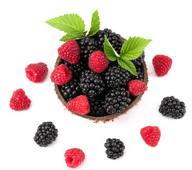Blackberry and raspberry. On white background