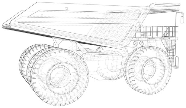 Dump truck, big transporter. The layers of visible and invisible lines are separated. EPS10 format. Wire-frame.