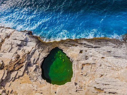 Aerial view at natural pool Giola, Thassos island, Greece