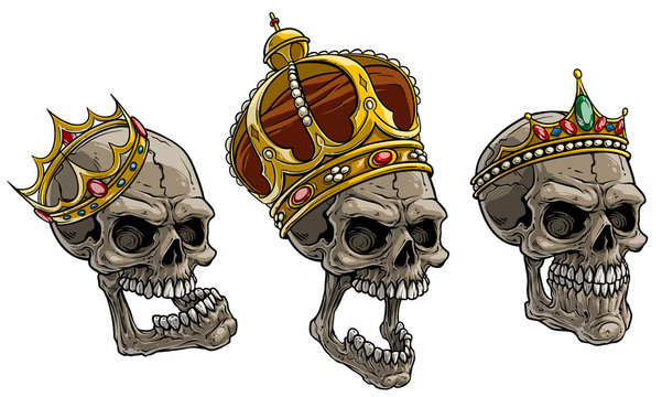 Cartoon detailed realistic colorful scary human skulls with royal king golden crown with diamonds and gems. Isolated on white background. Vector icon set. Vol. 2