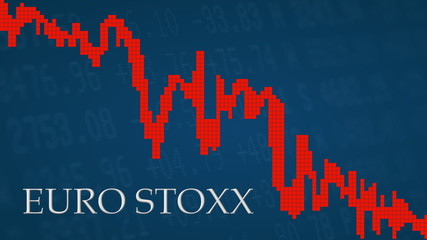 Fototapeta premium The EURO STOXX, a stock market index of the Eurozone is falling. The red graph next to the silver EURO STOXX title on a blue background shows downwards and symbolizes the fall of the European index.