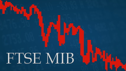 The Italian stock market index FTSE MIB is falling. The red graph next to the silver FTSE MIB title on a blue background is showing downwards and symbolizes the fall of the Italian stock index.