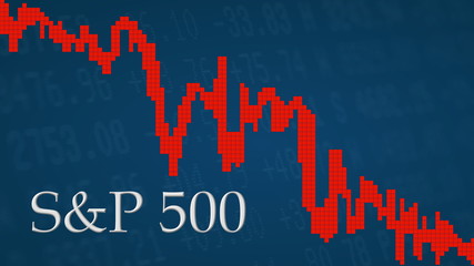 The American stock market index S&P 500 is falling. The red graph next to the silver S&P 500 title on a blue background is showing downwards and symbolizes the fall of the U.S. index.