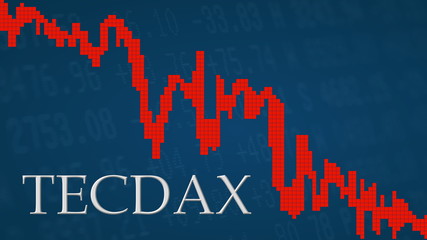 The German stock market index TecDAX is falling. The red graph next to the silver TecDAX title on a blue background is showing downwards and symbolizes the fall of the German stock index.