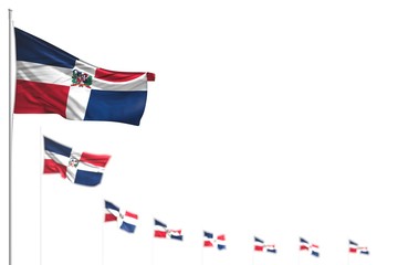beautiful Dominican Republic isolated flags placed diagonal, illustration with bokeh and place for text - any holiday flag 3d illustration..