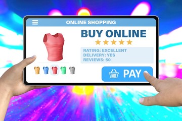 hand with tablet computer tapping the button pay on neon city lights background - online shopping technology concept