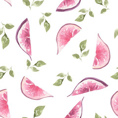 Hand drawn juicy print. Watercolor figs pattern. Seamless texture  of fruirs and leaves.