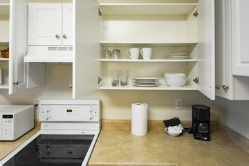 Open cabinets and primary appliances on average home kitchen.