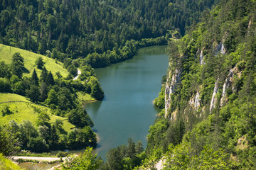 Aerial view of the mountain lake in the valley