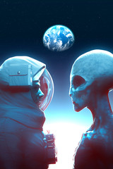Face to face between alien grey and astronaut with the earth in backround - 3D rendering