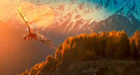 Fototapety  Black dragon flying on a golden sunset over the mountain - photo manipulation - 3d rendering