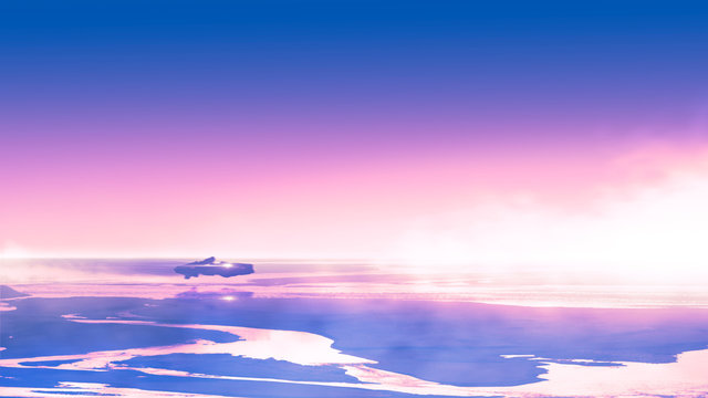 Futuristic overbike flying on lagoon landscape on a purple abstract sunset - photomanipulation - 3d rendering