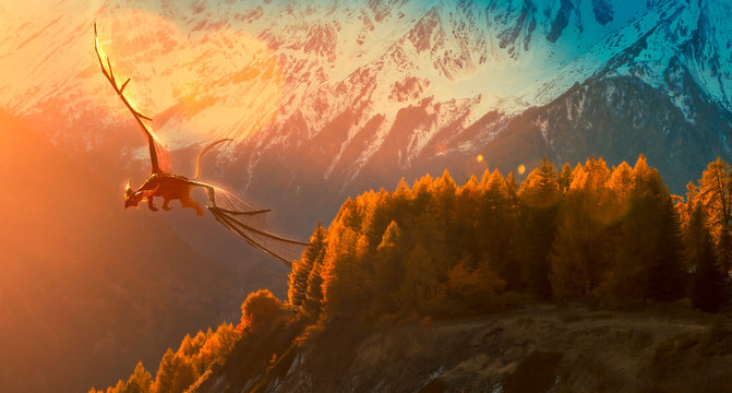 Black dragon flying on a golden sunset over the mountain - photo manipulation - 3d rendering