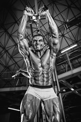 Fototapeta na wymiar Bodybuilder Workout in the Gym, doing Triceps Exercise.Black and White Image